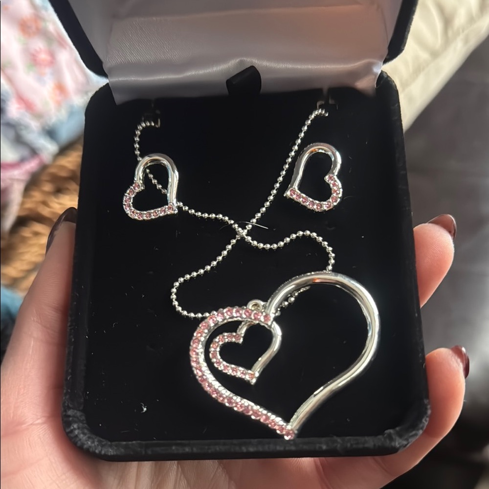 Elegant Silver Heart Necklace and Earring Set